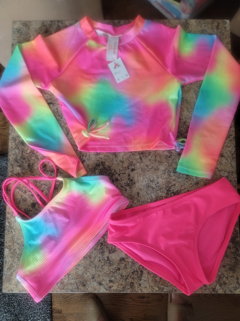 Girls' Long Sleeve Whirlpool Rainbow Bikini Set. Cat & Jack Pink Sz M(8) & XL(14